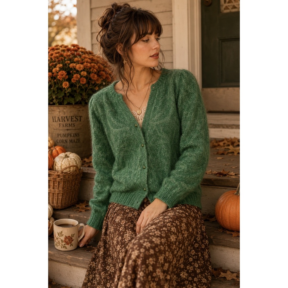 Vintage Women's Green Fuzzy Halo Knit Cardigan Sweater Button Front Soft Cozy